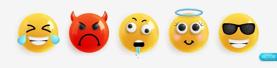 Emotion Realistic 3d Render. Set Icon Smile Emoji. Emotions face laughter, ev Ilustración de archivo