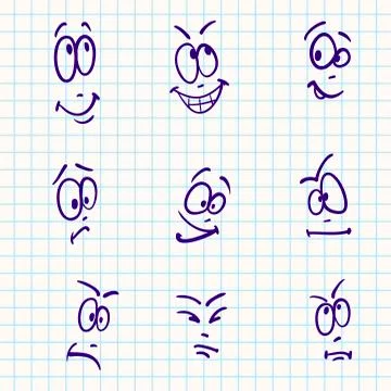 Emotion, set of nine face on notebook paper Illustrazione stock