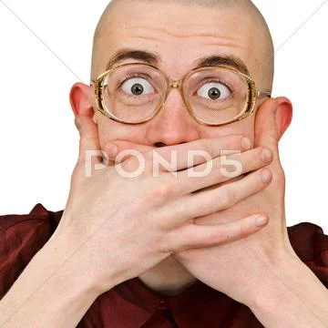 Emotional excited man keep his mouth closed Stock Photos