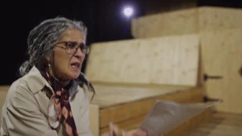 Emotional Female Director Explaining Script during Theatre Rehearsal Stock Footage 279585524