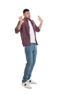 Emotional man avoiding something on white background Stock Photos