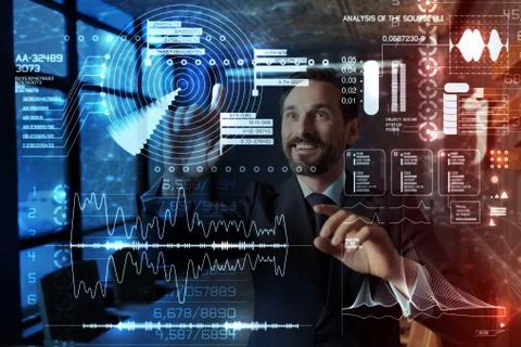Emotional programmer feeling delighted while touching a futuristic screen 스톡 사진