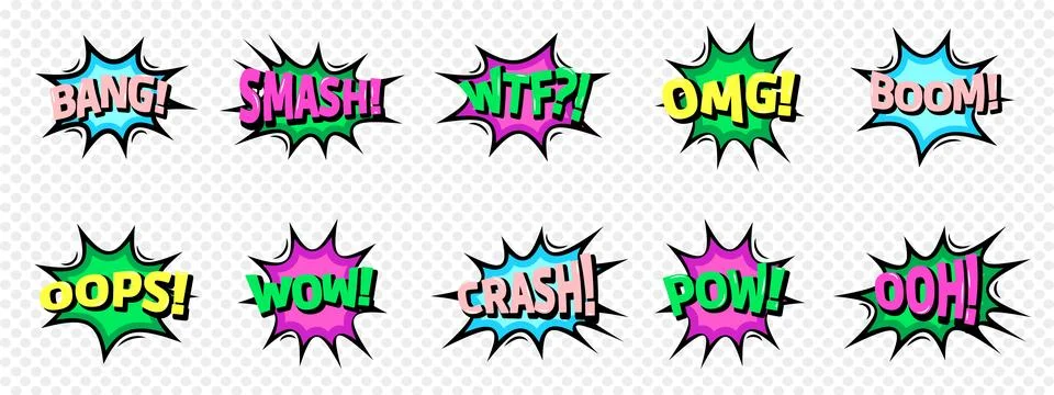 Emotions for comics speech bubble, set with text: Bang and Smash, Wtf and O.. Stock Illustration
