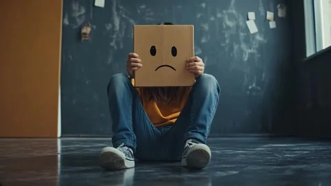 Emotions explored through a cardboard box mask in a minimalistic indoor setting Stock Footage 302428668