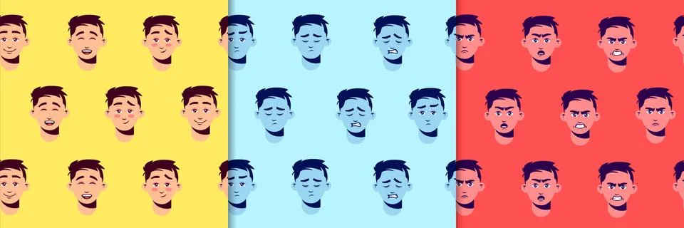 Emotions human characters seamless pattern. Smiling and funny male yellow faces Illustrazione stock