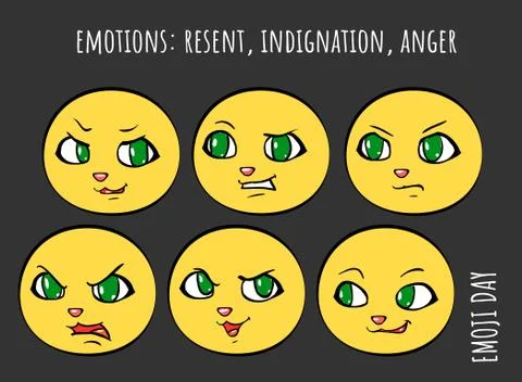 Emotions - resent, indignation, anger - vector set of cartoon emoji Stock Illustration