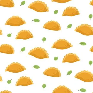 Empanadas seamless pattern. Fried pie background with green leaves. Traditional Illustrazione stock