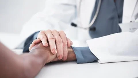Empathy, support and holding hands of doctor and patient for medical, consulting Stock Photos