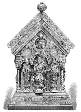 The Emperor between two bishops at the gable end of the silver choir shrine Stock Illustration