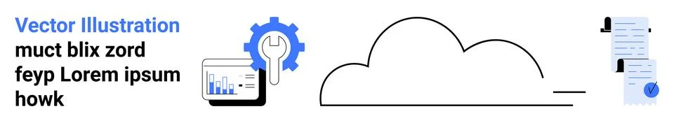 Emphasizes cloud icon, gear symbol, tablet with graph, documents with seals.  イラスト素材