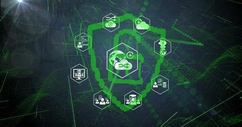 Emphasizing cybersecurity, digital security icons interconnected in futuristic Stock Photos