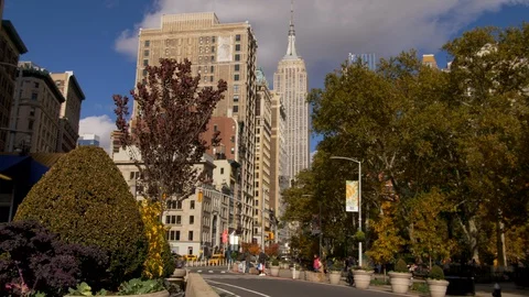 Empire State Building On Classic New York Street With Impressive Skyscrapers  Stock Footage 113885555