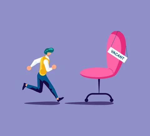 Emploee run for vacant position metaphor. Empty chair of vacant work. Flat Ar Stock Illustration