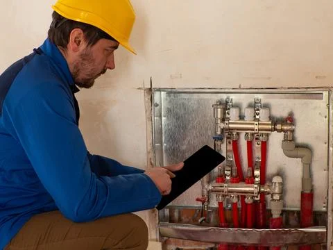 An employee adjusts the heating system via a tablet Stock Photos