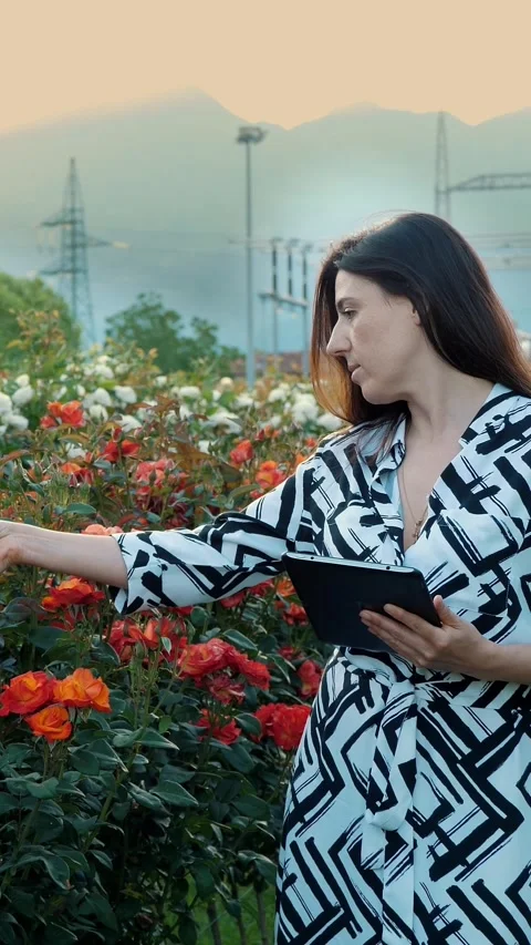 The employee analyzes the condition of the plants. Against the backdrop of the Stock Footage 314792599