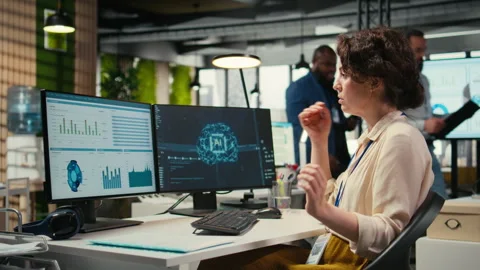 Employee being pleased with AI integration success for efficiency recognition Stock Footage 313907935