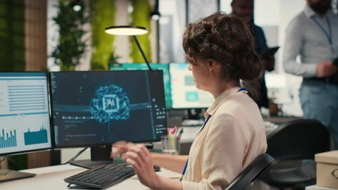 Employee being pleased with AI integration success for efficiency recognition Stock Footage 313962375