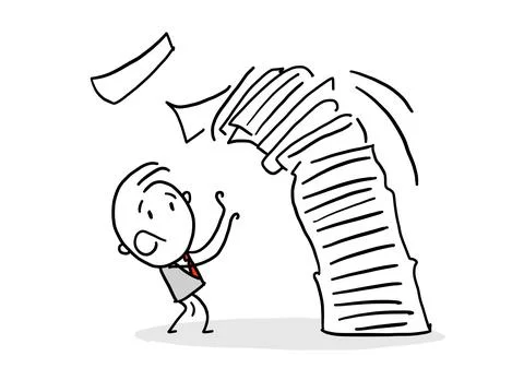 Employee carries a large stack of papers and sheets of paper fly. Stock Illustration