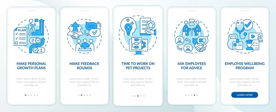 Employee commitment activities blue onboarding mobile app screen Stockillustratie