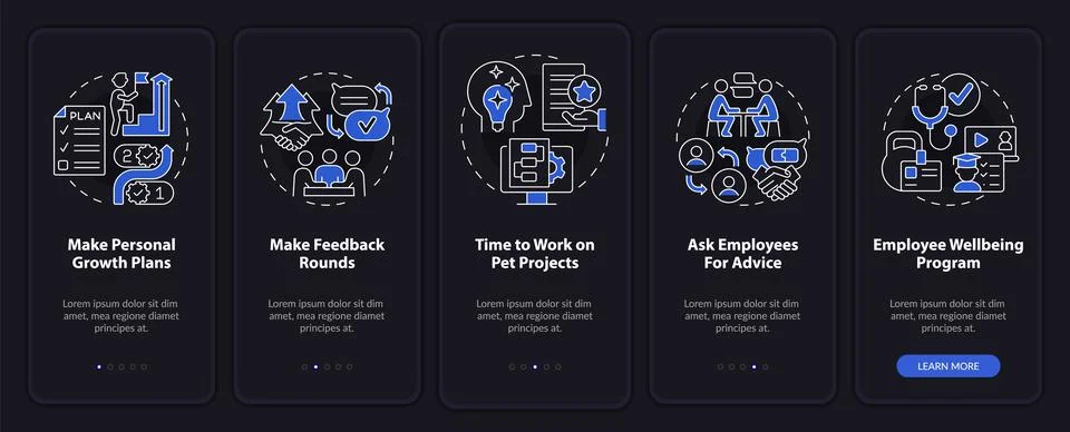 Employee commitment activities night mode onboarding mobile app screen 스톡 일러스트