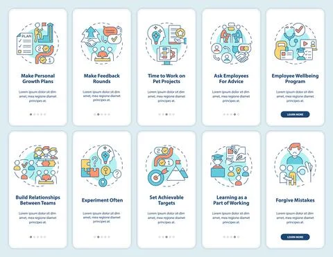 Employee commitment onboarding mobile app screen set Illustrazione stock