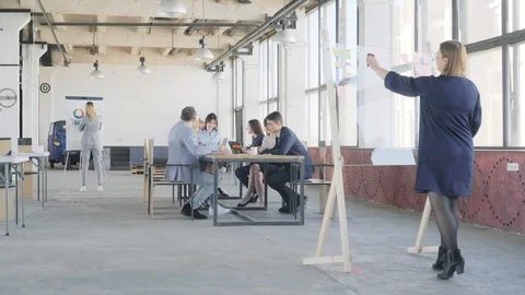 The employee completed the preparation for the presentation on the glass board Stock Footage 109506933