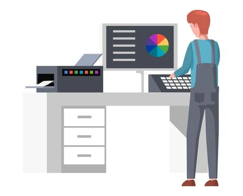 Employee controls print process in polygraphy with computer. Man choosing color Stock Illustration