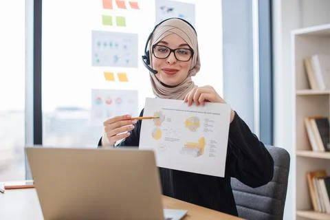 Employee decoding charts on online briefing using devices Stock Photos