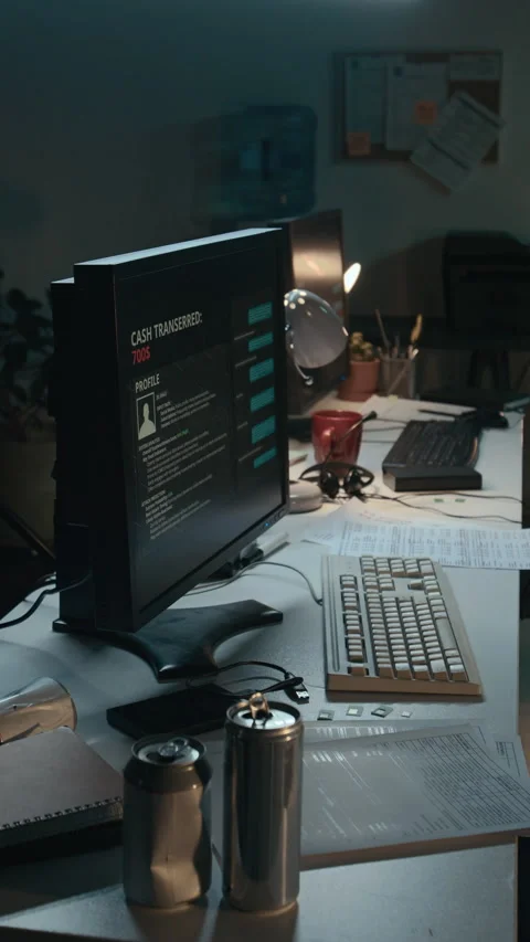 Employee Desk with Computer and Papers at Scam Call Center Stock Footage 310300243