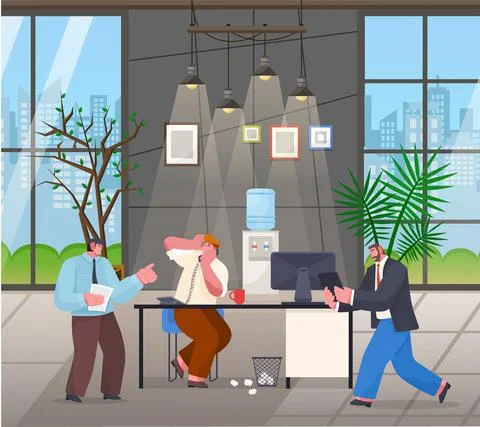 Employee with digital tablet running to table, chaos in office, angry boss swear Stock-Illustration