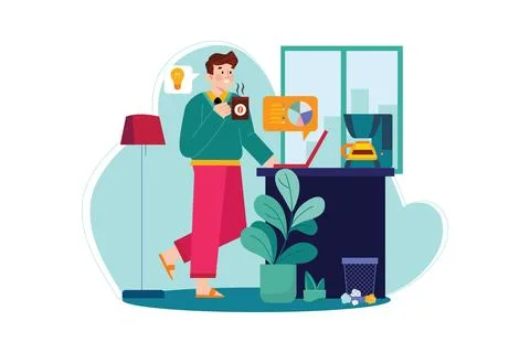 Employee drinking coffee while working from home Stock Illustration