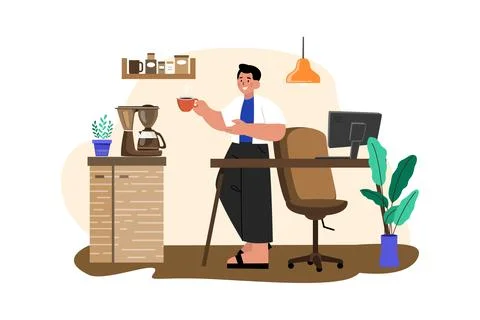Employee drinking coffee while working from home Stock Illustration