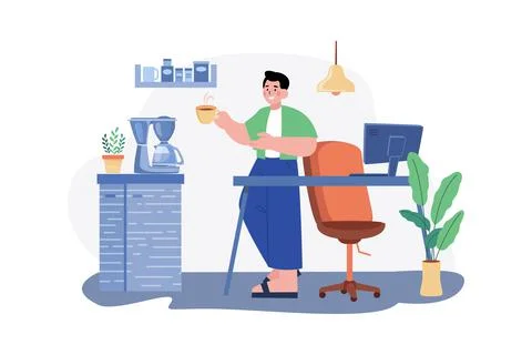 Employee Drinking Coffee While Working From Home Stock Illustration