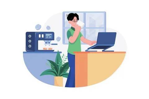 Employee Drinking Coffee While Working From Home Stock Illustration