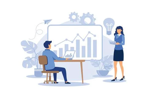 An employee engaged in the construction of columns of graphs, career growth t Stockillustratie