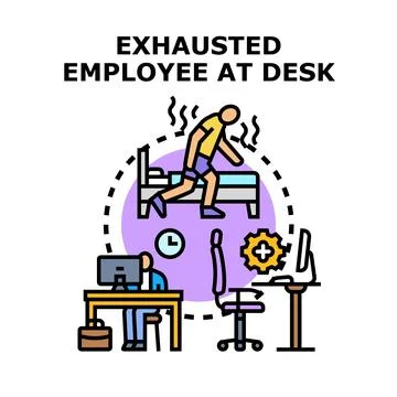 Employee experiencing professional burnout from overworking desk concept Stock Illustration