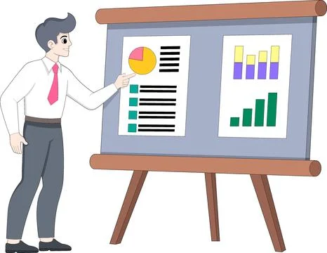 Employee Explaining Data Table and Charts in Presentation Stock Illustration