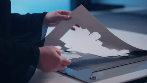 An employee in a factory assembles packaging from cut-out paper. Stock Footage 197462758