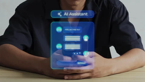 Employee hand Interaction with Ai assistant using Smart phone for concept AI Stock Footage 345844199