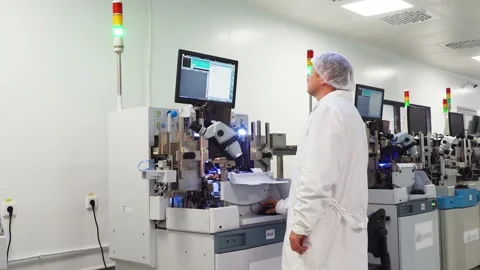 Employee of high-tech microchip factory monitors printing press. Microchip Stock Footage 318167389