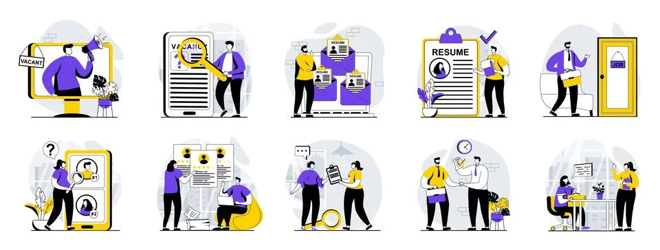 Employee hiring process web concept with people scenes mega set in flat desig 库存插图