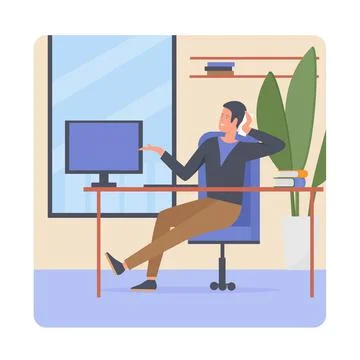 Employee man sitting at office table with computer Stock Illustration