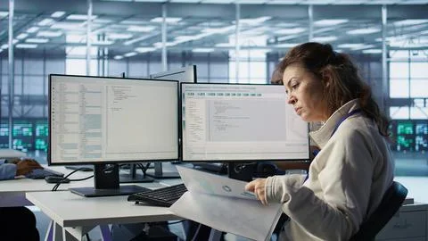 Employee overseeing server room, reading documentation paperwork Stock Photos