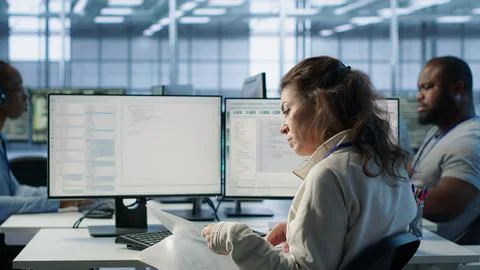 Employee overseeing server room, reading documentation paperwork Stock Photos