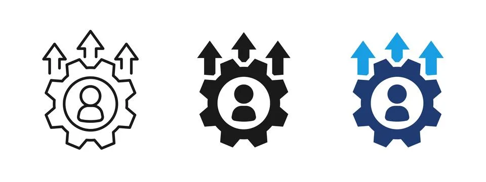 Employee performance icon with user profile, gear and upward arrows. Symbol.. Illustrazione stock