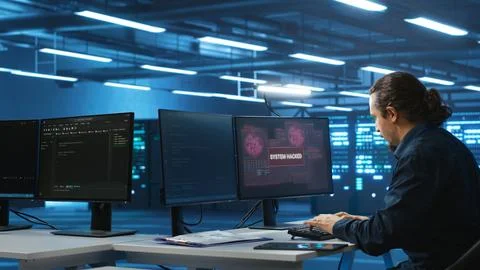 Employee programming on PC rushing to check equipment after hacking attack Stockfoto's
