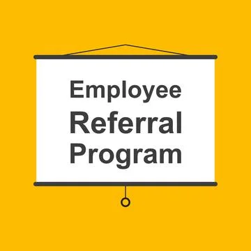 Employee referral program hanging presentation screen sign on yellow backgrou 스톡 일러스트
