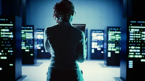 Employee runs code in data center Stock Footage 249562345