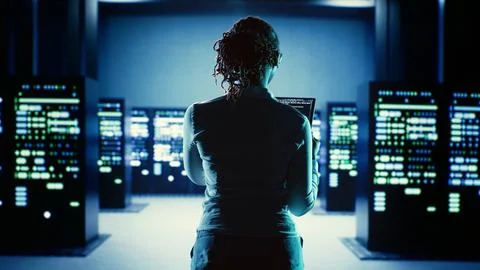 Employee runs code in data center Stock Photos