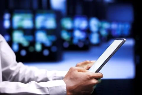 Employee solving server issues 스톡 사진
